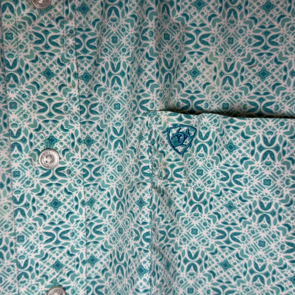 Ariat Mens XXL Turquoise White Geometric Medallion Cotton Short Sleeve Shirt - Picture 10 of 10